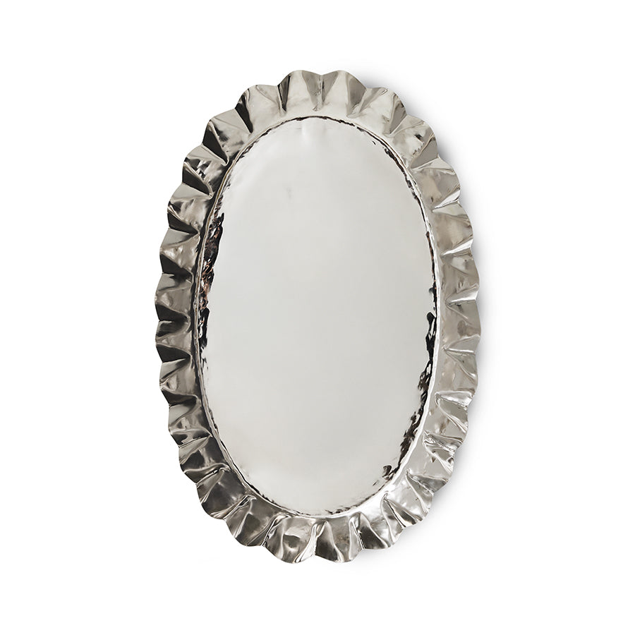 Oval mirror with decorative silver frame on a white background
