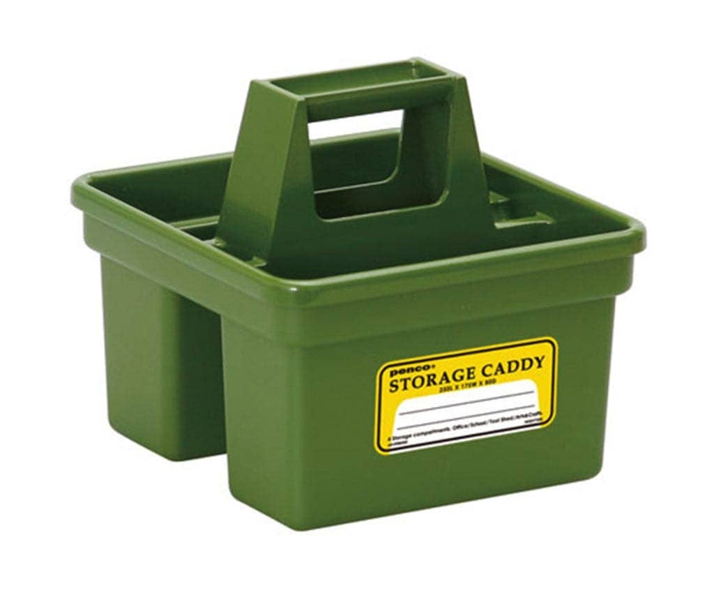 Green storage caddy with a yellow label on a white background
