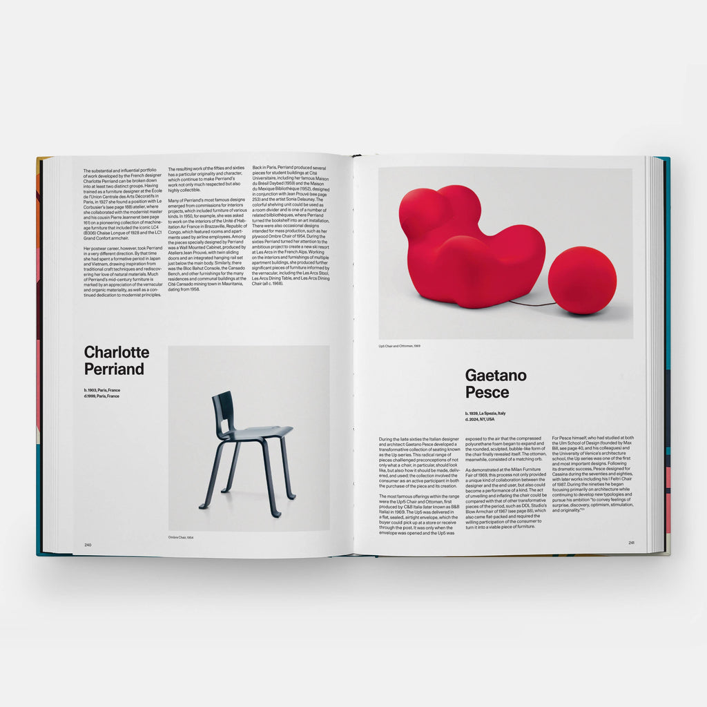 Open book showing a design article with images of a red chair and a black chair.