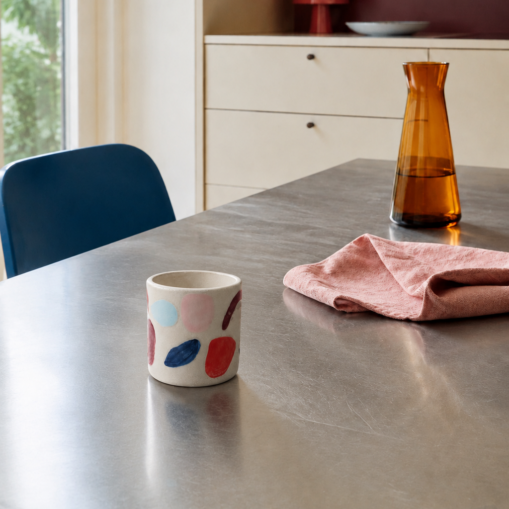 A white ceramic mug with colorful painted dots sits on a brushed metal table next to a pink cloth and an amber glass carafe, with a blue chair and a modern kitchen cabinet in the background.