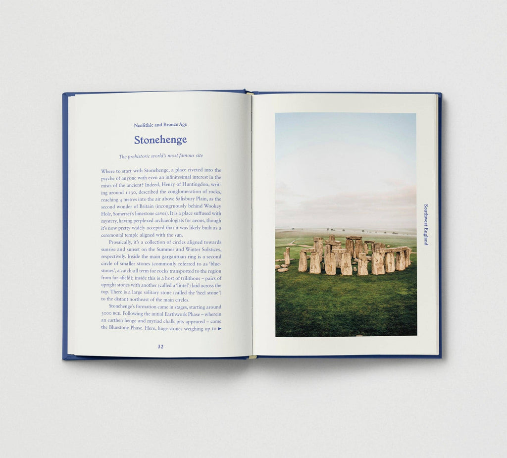 Open book showing a page about Stonehenge with an image of the landmark.