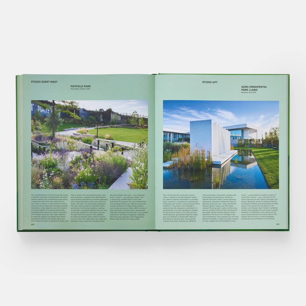 Open book showing two pages with images of landscapes and buildings.