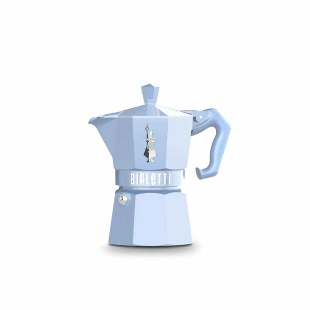 Light blue Bialetti coffee maker on a white background