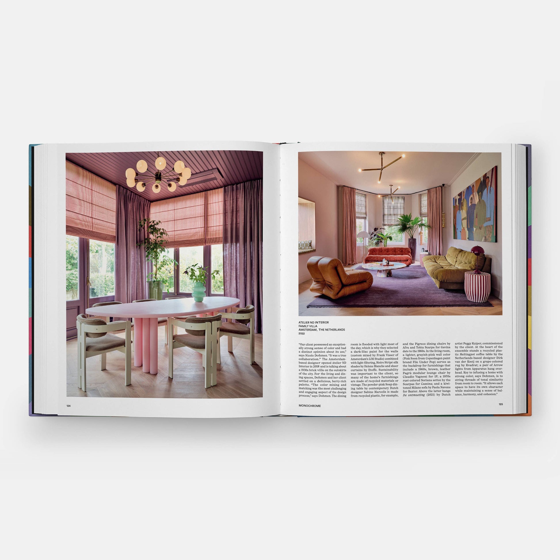 Open book showing interior design images of a dining area and living room.