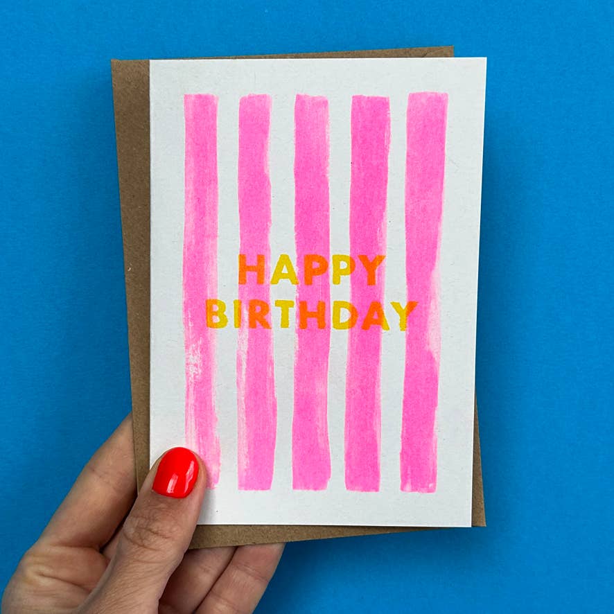 Happy Birthday Card Bright Pink Yellow Hand Painted Stripes