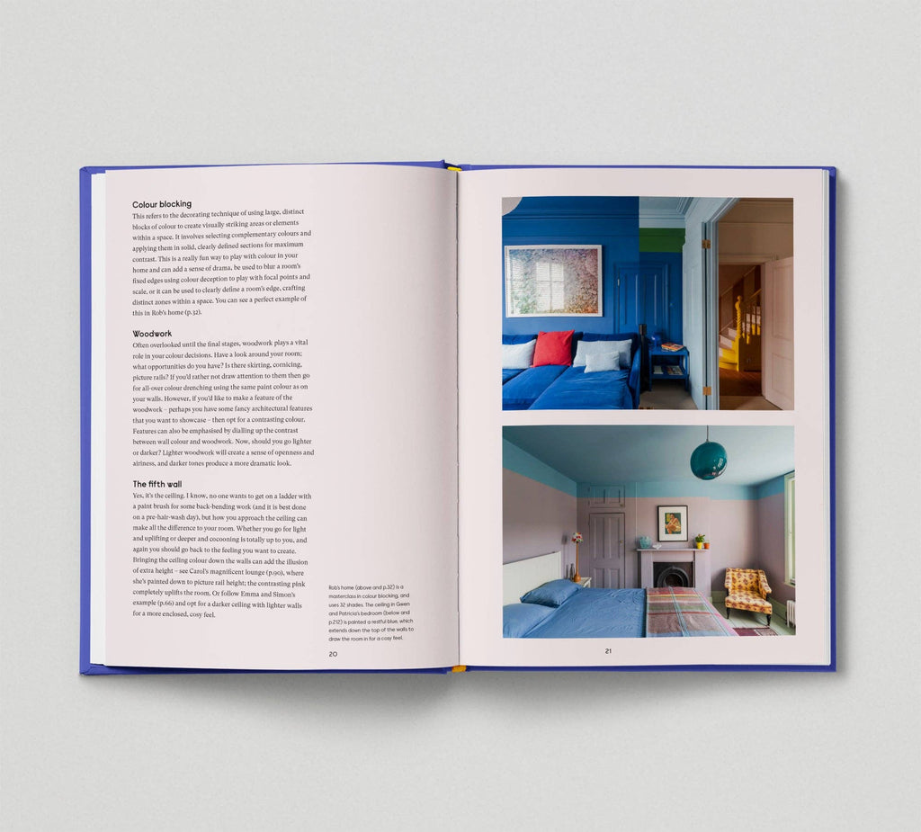 Open book with interior design images and text on a light gray background