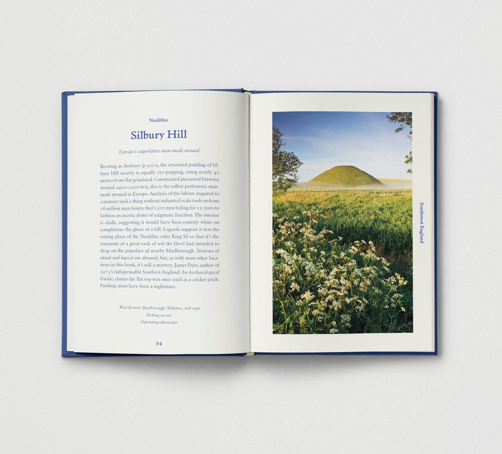 Open book with a photograph of Silbury Hill on a white background