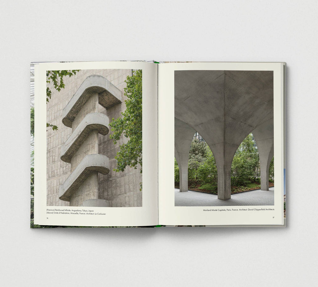 Open book showing architectural photographs of concrete structures with greenery.