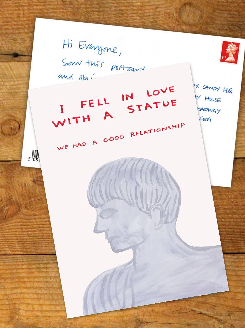 Funny A6 Art Postcard By David Shrigley -In Love With Statue